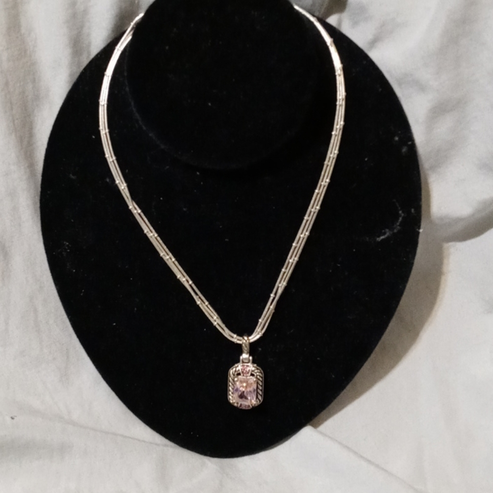 Triple strand Silver tone Necklace with Pink Stone